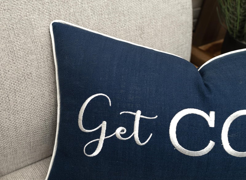 YugTex Romantic Couple Love Sentiment Embroidered Decorative Sayings Lumbar Accent Throw Pillowcase - Get Cozy Phrase Decor for Wedding, Anniversary, Valentine - 12x20 Inches, Navy Blue - Image 4